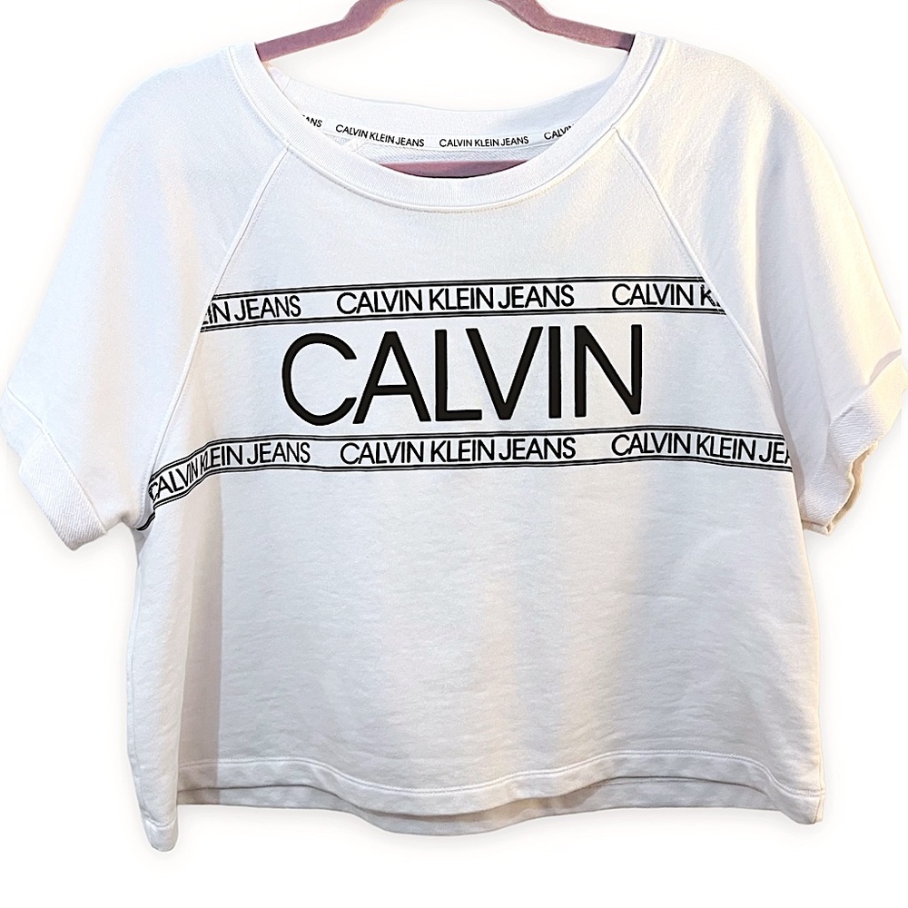NWT Calvin Klein White Logo Short Sleeve Crop Top Size Large